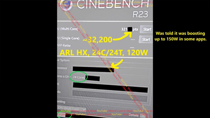 Arrow Lake HX Cinebench R23 性能。(图片来源：YouTube 上的摩尔定律已死）