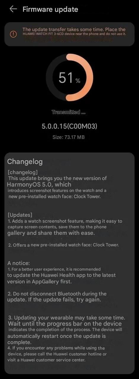 Watch Fit 3 的 5.0.0.15 版本发布说明。(图片来源：Huaweiblog.de via Google Translate）