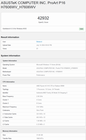 AMD Radeon 890M Geekbench OpenCL 得分（图片来自 Geekbench）