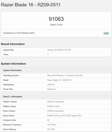 笔记本电脑GeForce RTX 5090 显卡的 Geekbench 结果（图片来源：Geekbench）