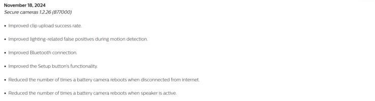 飞利浦 Hue Secure 摄像头 1.2.26 更新版本的更改日志。(图片来源：Philips Hue）