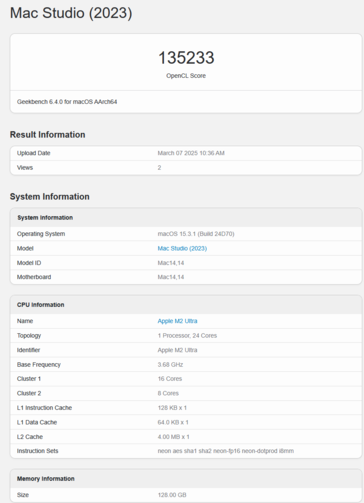 Apple M2 Ultra Geekbench GPU OpenCL 分数（图片分数 Geekbench）