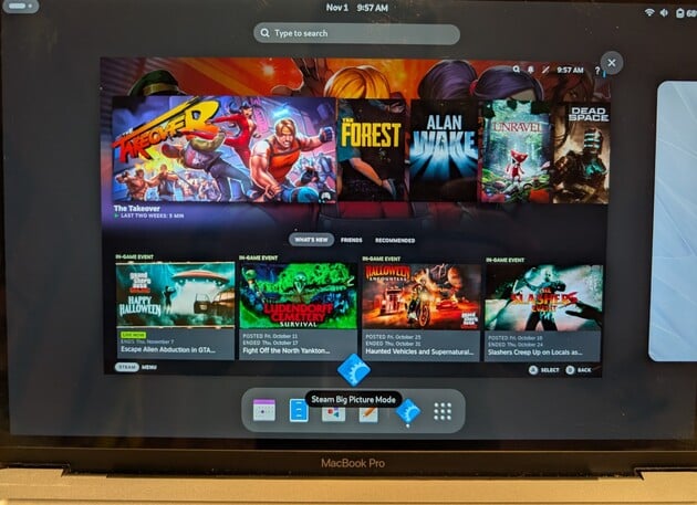在运行 Steam Big Picture 的 Macbook Pro M1 上使用原生 ARM Fedora 和 GNOME（图片来源：Notebookcheck）