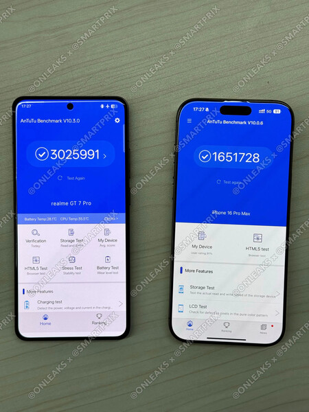 Realme GT7 Pro 安兔兔跑分，左（图片来源：Smartprix）