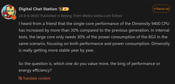 数字聊天站关于 Dimensity 9400 的最新报道（图片来源：微博 [机译]
