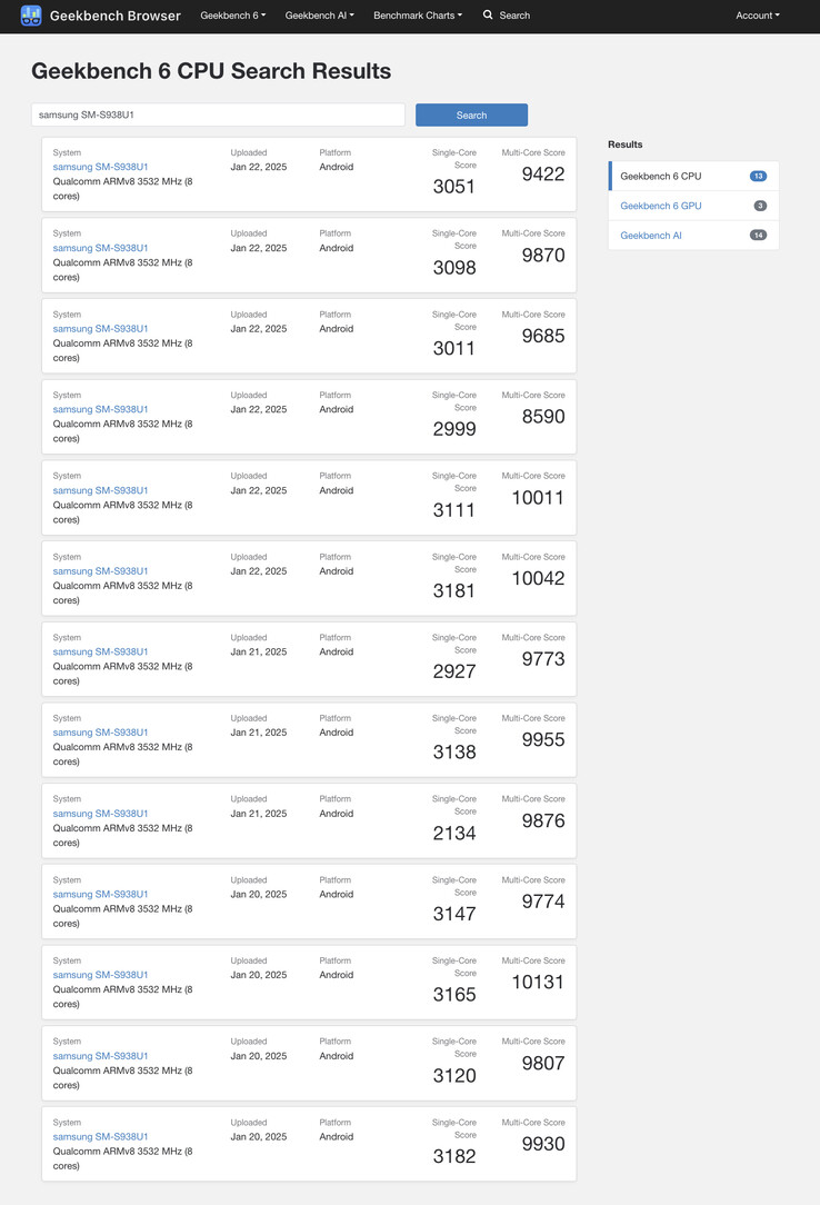 Galaxy 的骁龙 8 精英版在 Geekbench 中的 CPU 性能提升似乎并不明显。(图片来源：Geekbench）