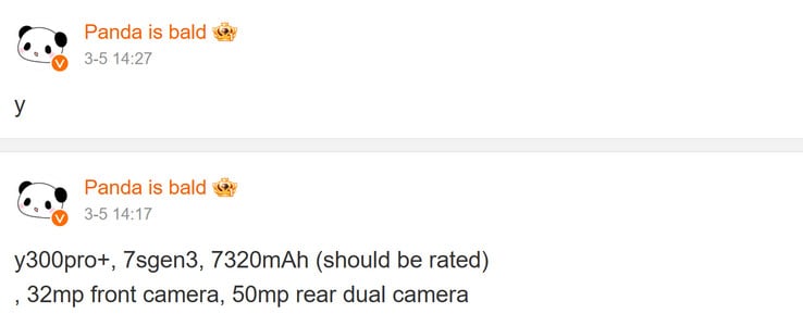 熊猫分享的 vivo Y300 核心参数是光头（图片来源：微博 - 机器翻译）