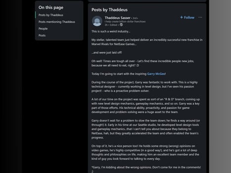 网易游戏 Thaddeus Sasser 在 LinkedIn 上发布的帖子（图片来源：截图，LinkedIn）