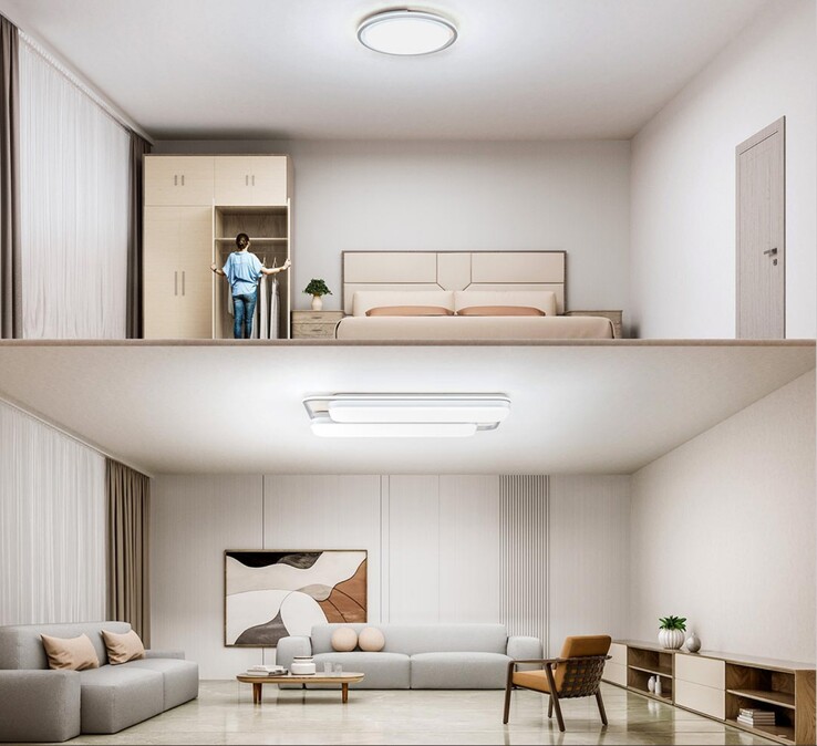 小米米家智能吸顶灯专业版用于卧室（上）和客厅（下）。(图片来源：小米)