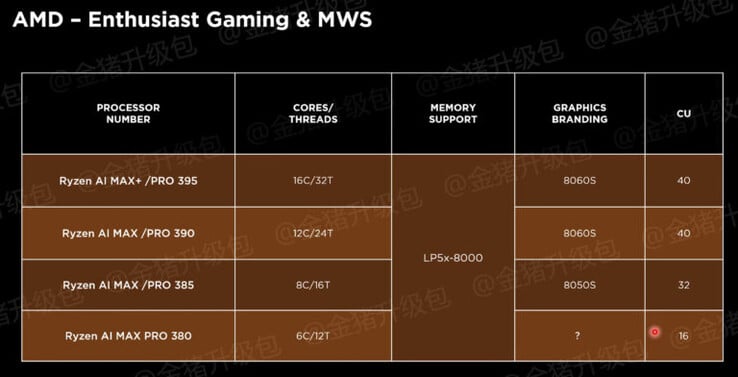 泄露的 AMD Strix Halo APU 规格（图片来源：Golden Pig Upgrade）