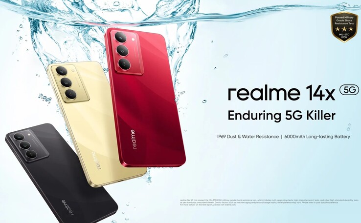 Realme 14x 有水晶黑、金色炫光和宝石红三种配色（图片来源：Realme）