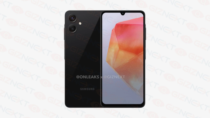 Galaxy A06 的渲染图还展示了水滴形凹槽和双镜头摄像头。(来源：@OnLeaks x GizNext）