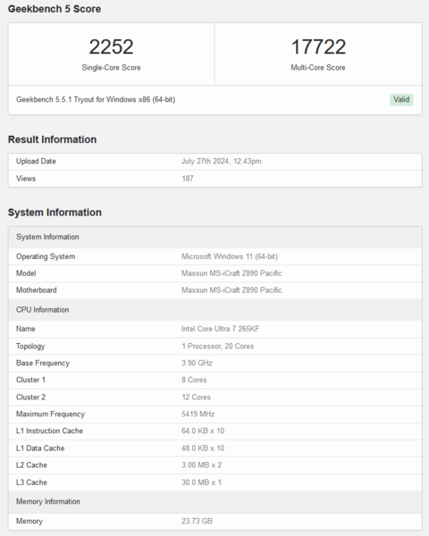 英特尔酷睿至尊 7 265KF Geekbench 5.5 跑分（图片来源：Geekbench）