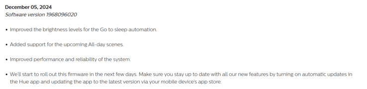 飞利浦 Hue Bridge 软件版本 1968096020 的发布说明。(图片来源：飞利浦 Hue）