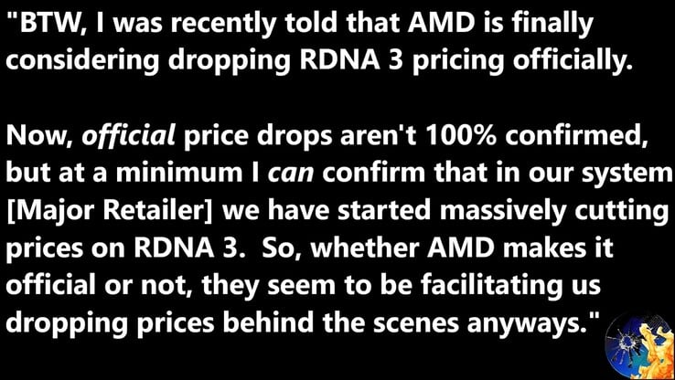 AMD RDNA 3 降价泄露。(图片来源：YouTube 上的摩尔定律已死）