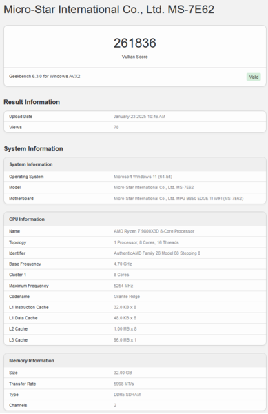 GeForce RTX 5080 Vulkan（图片来源：Geekbench）