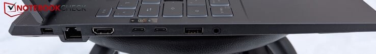 左：电源、局域网、HDMI 2.1、USB-C 4、USB-C 3.2 Gen2、USB-A 3.2 Gen2、耳机插孔