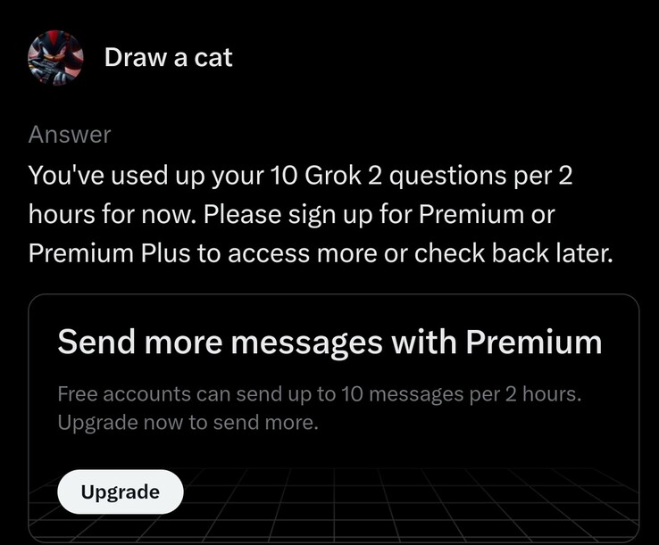 Grok 的免费层允许您每 2 小时提出 10 个问题。(图片来源：X 平台）