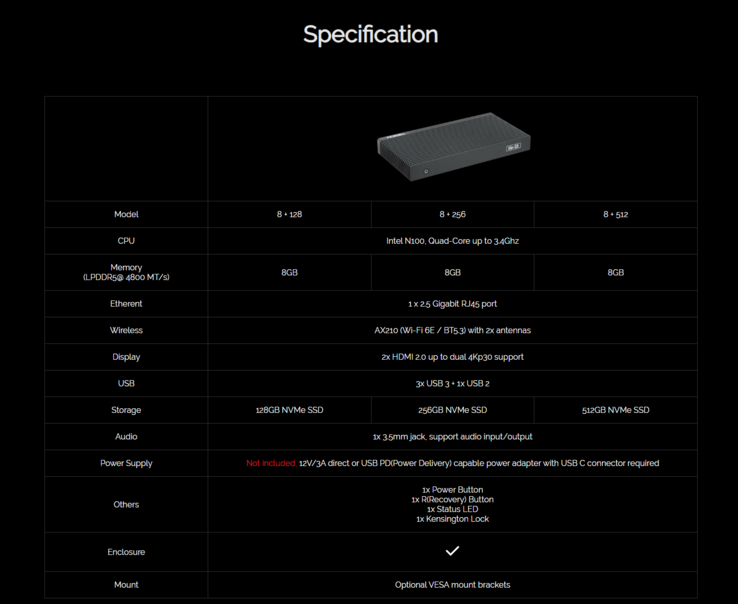 Palmshell SLiM X4L 迷你 PC 的完整规格表。(图片来源：Palmshell）