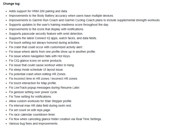 稳定版软件 22.22 或部分 Garmin Forerunner 智能手表的更改日志。(图片来源：Garmin）