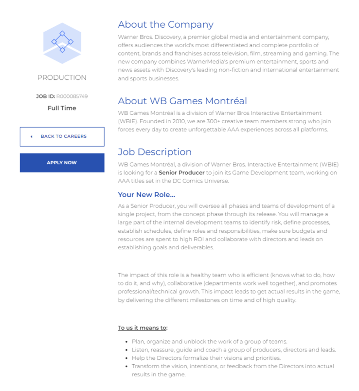 蒙特利尔世行游戏公司网站上的完整职位列表。(图片来源：WB Games Montréal 工作机会）