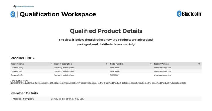 即将推出的Galaxy A26 5G 似乎有很多官方文件为其正名。(来源：Bluetooth SIG、BIS 和 TÜV Rheinland via MySmartPrice）